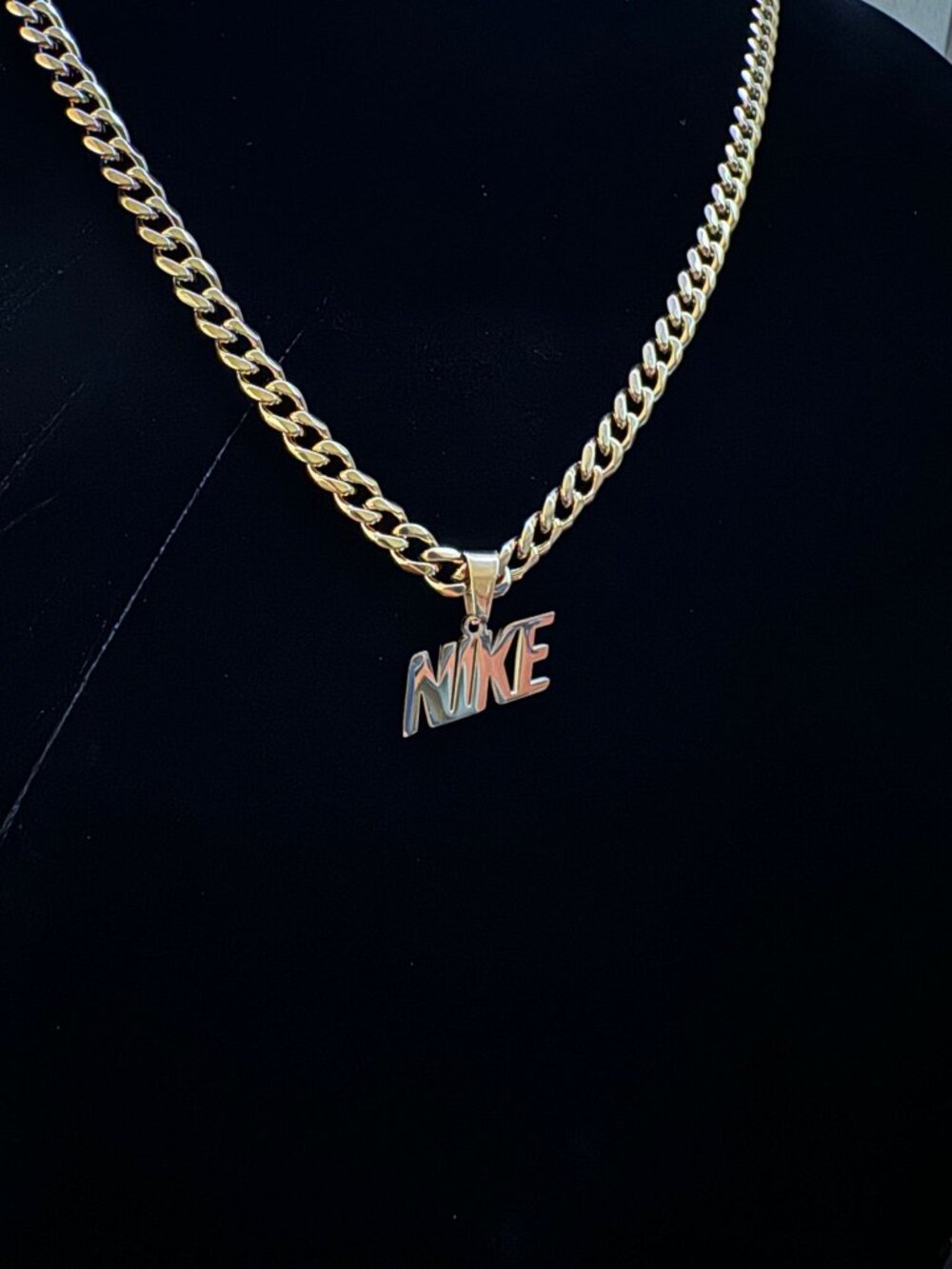 NIKE Pendant Necklace - Gold Plated - 5mm Cuban Chain - 22" Chain - Y2K